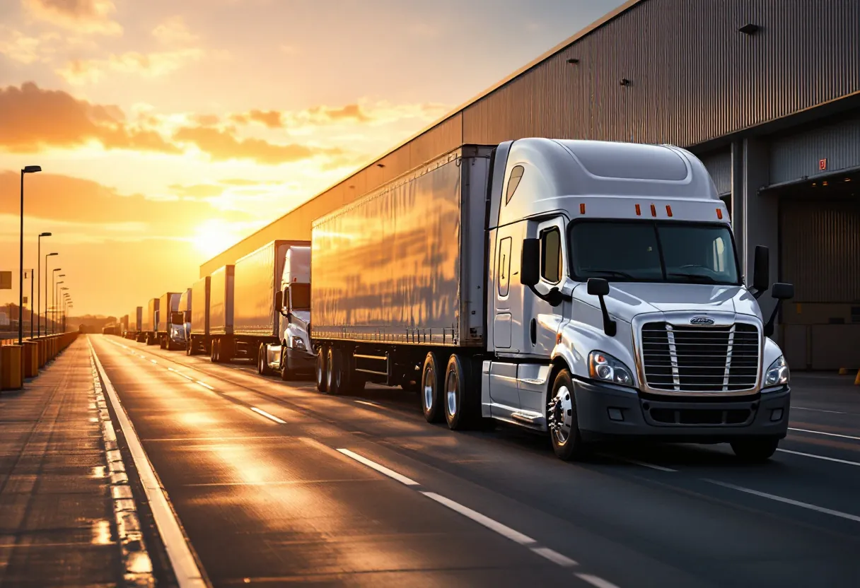 Bonded freight trucks staged at a regional logistics yard at dusk