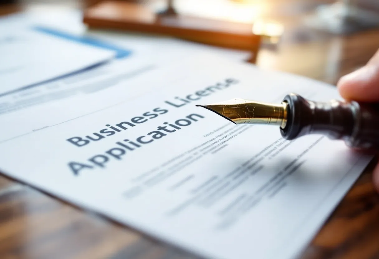 Business license application paperwork with a fountain pen on a desk