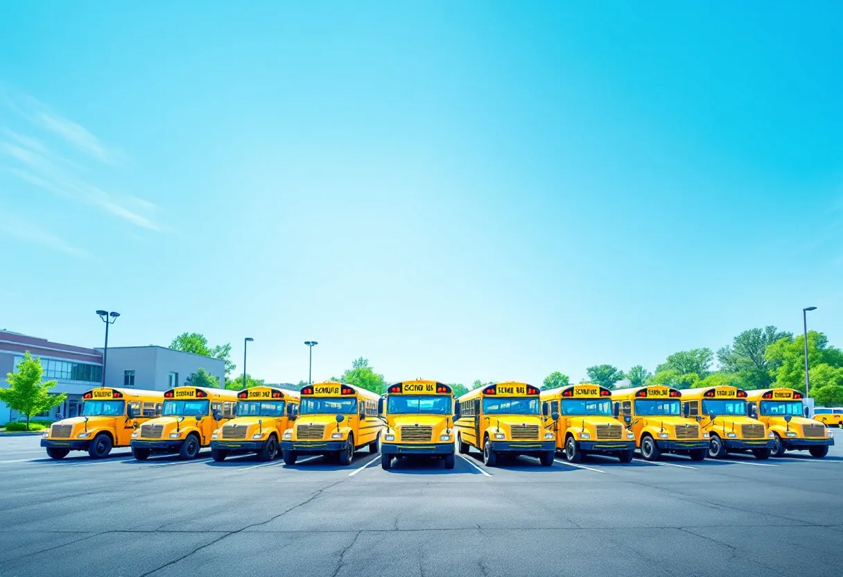 A row of yellow school buses symbolising transportation surety obligations
