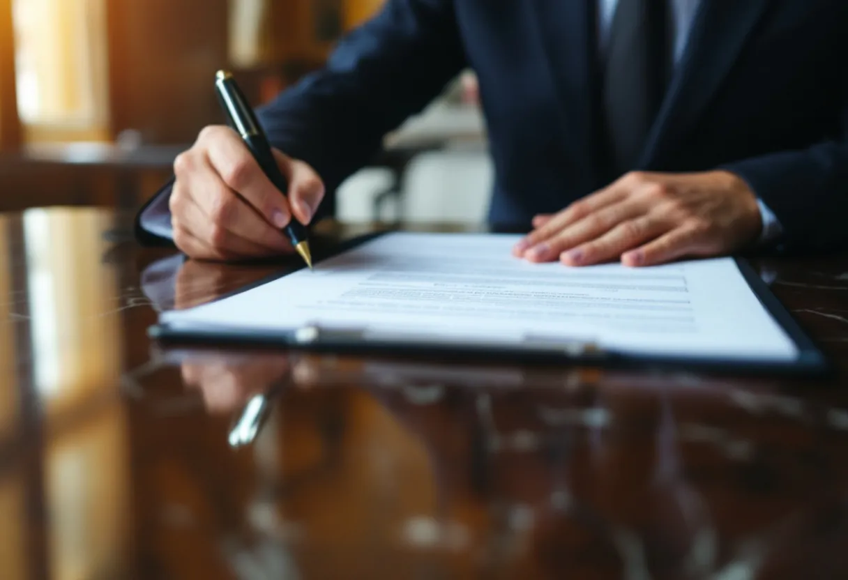 An attorney signing probate documents at a courthouse counter