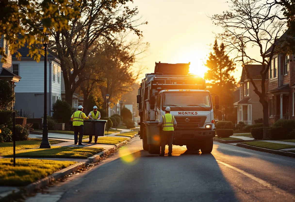 A bonded waste-collection truck servicing a municipal route at sunrise